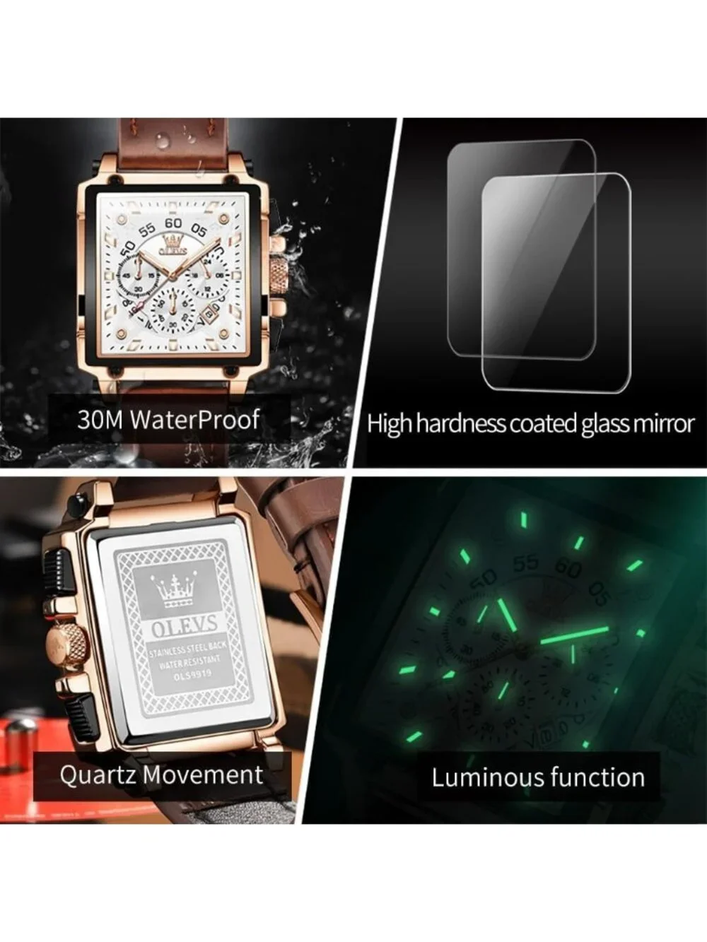Men's White Quartz Leather Strap Waterproof Casual Trendy Square Dial Wristwatch